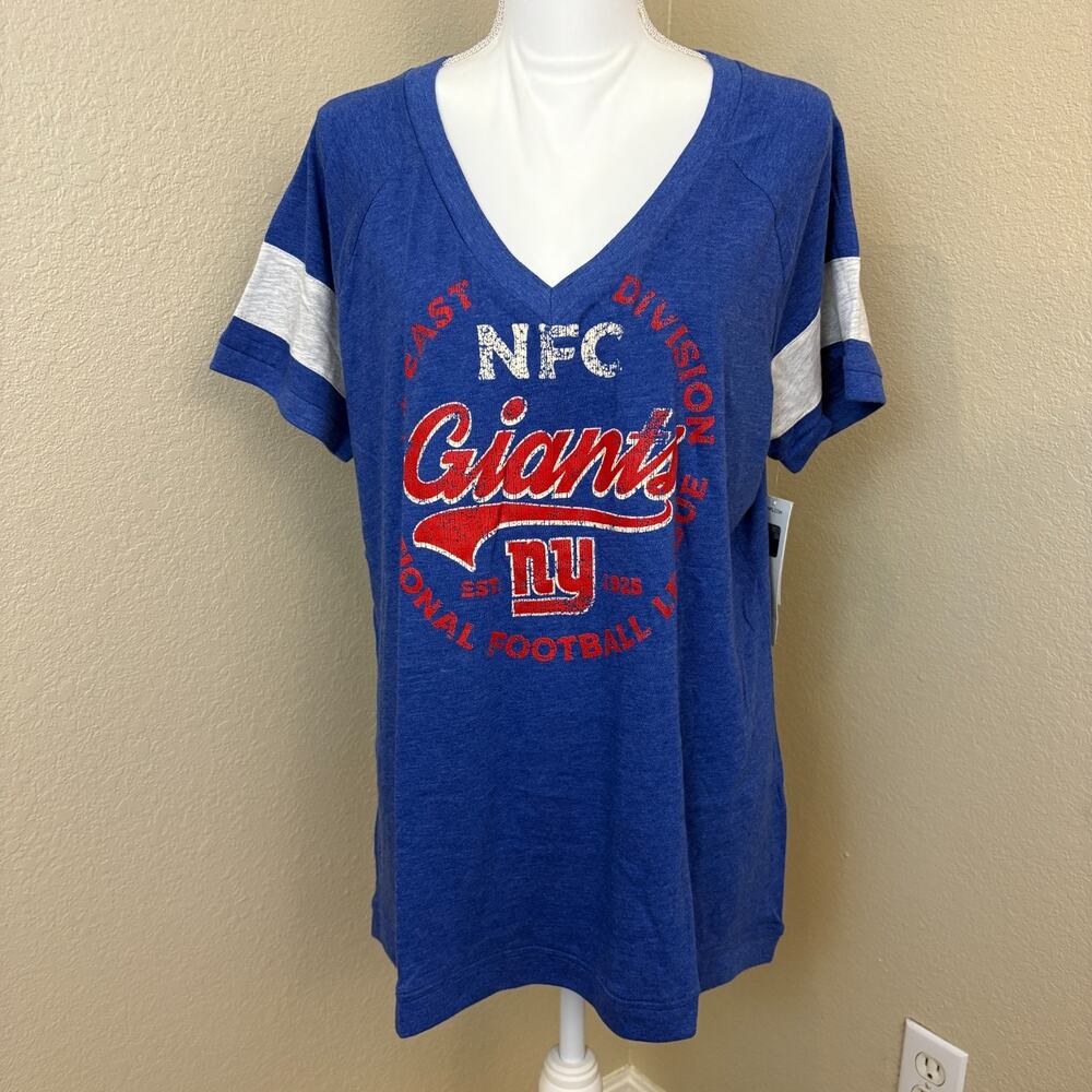 Women's NFL Team Apparel New York Giant Football Heather Blue V-Neck Shirt XL